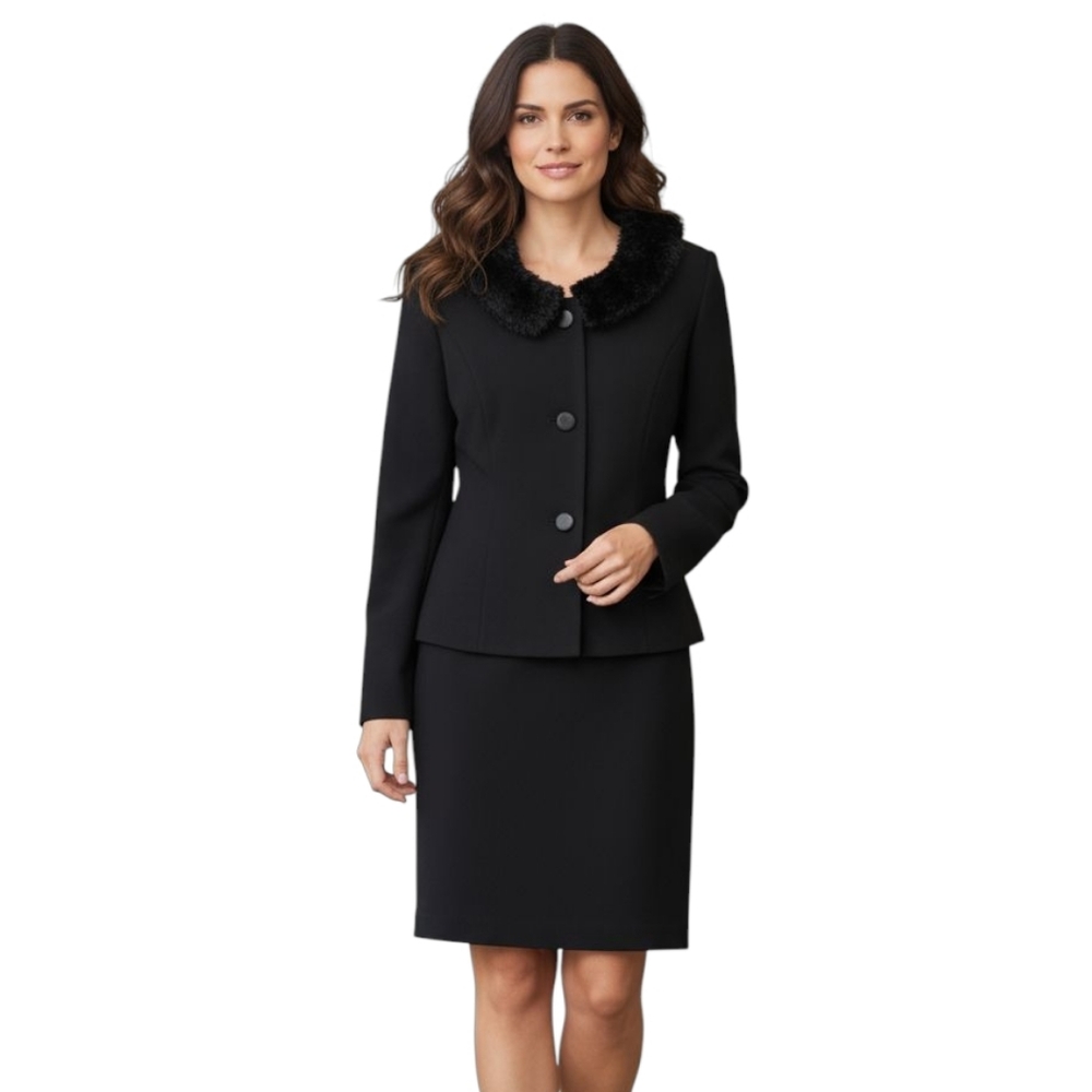Vintage MT Studio Black 100% Wool Suit/Skirt Set w/Removable Faux Fur Collar, 6P - Picture 1 of 9